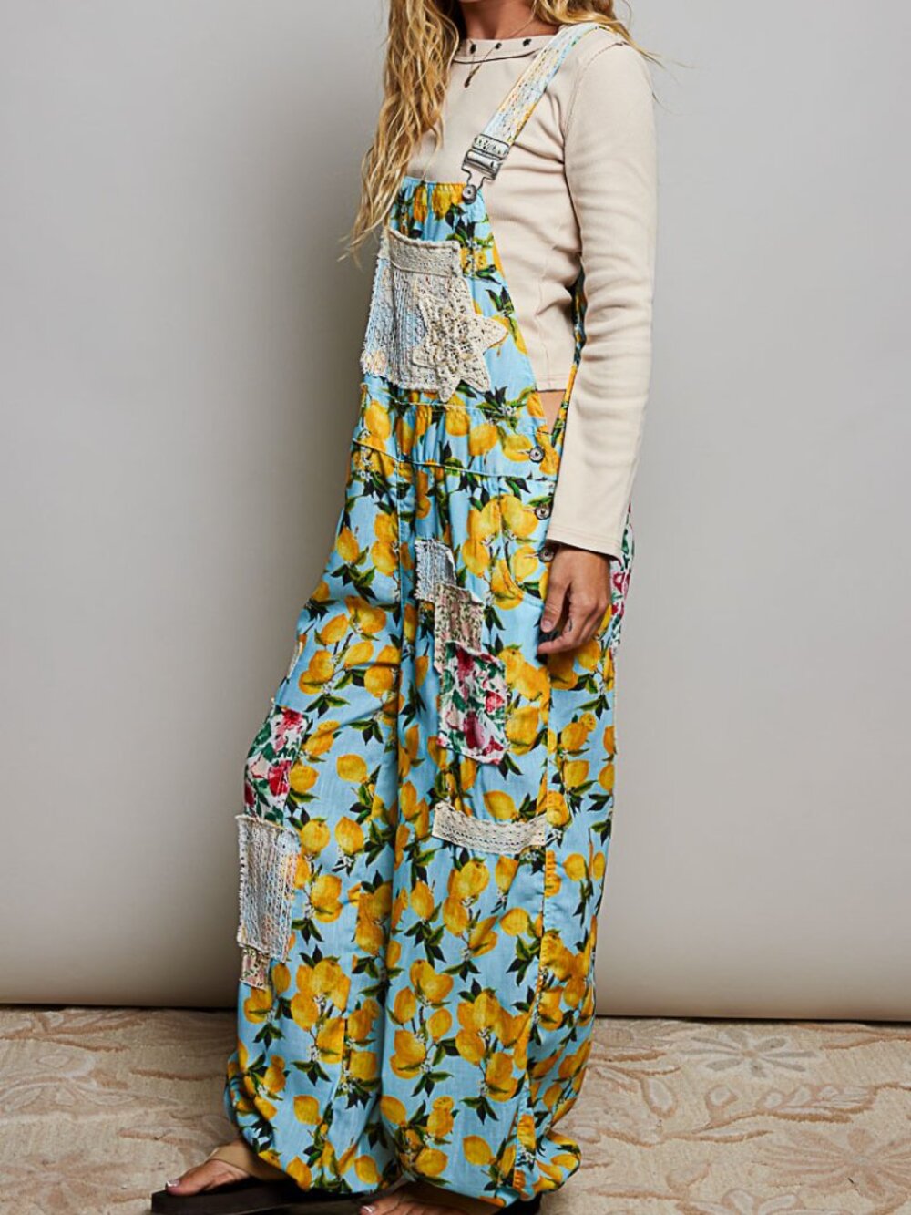 POL Sky Blue & Lemons Woven Patchwork Overall - Picture 6 of 7